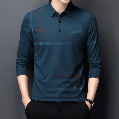 Pulover bărbați cu rever de primăvară și toamnă, cu nasturi, în dungi, cu litere, imprimeu, haine cu mânecă lungă, tricou polo, topuri casual