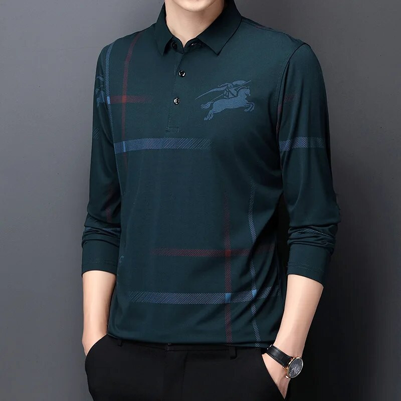 Pulover bărbați cu rever de primăvară și toamnă, cu nasturi, în dungi, cu litere, imprimeu, haine cu mânecă lungă, tricou polo, topuri casual