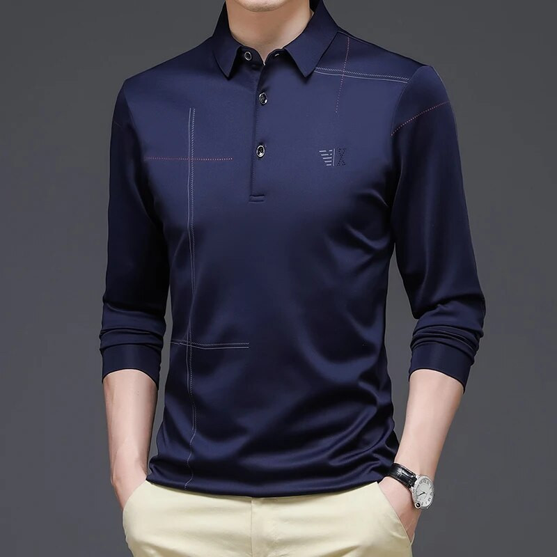 Noua modă de primăvară și toamnă Tricouri noi Tendință Solid Gât polo Business Profesional Mânecă lungă Simplu Casual Topuri largi pentru bărbați