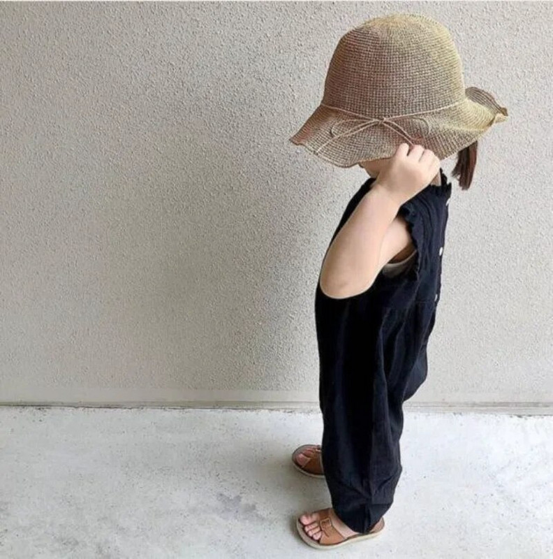 7580 Detský overal pre dievčatká, jarné a letné oblečenie, bavlna a konope, ležérne nohavice s trakmi a rozparkami