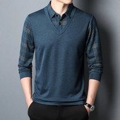 Pulover bărbați de primăvară și toamnă, guler, buton, carouri, panou, culoare contrastantă, tricou cu mânecă lungă, fund polo, topuri formale la modă
