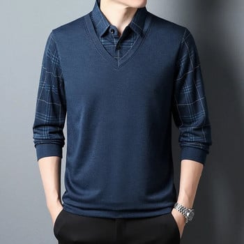 Ανοιξιάτικο και φθινόπωρο Ανδρικό πουλόβερ γιακά με κουμπί καρό πάνελ με αντίθεση Χρώμα μακρυμάνικο μπλουζάκι Polo Bottom Fashion Επίσημες μπλούζες