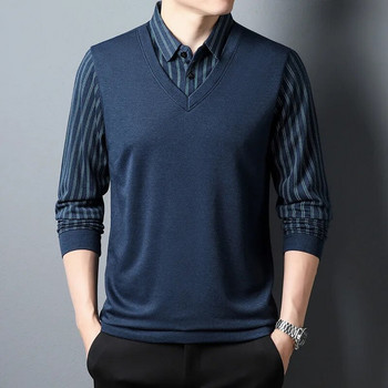 Пролет и есен Мъжки пуловер Яка Копче Кариран панел Контрастен цвят Тениска с дълъг ръкав Поло Долнище Модни официални горнища