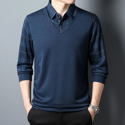 Pulover bărbați de primăvară și toamnă, guler, buton, carouri, panou, culoare contrastantă, tricou cu mânecă lungă, fund polo, topuri formale la modă
