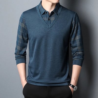 Pulover bărbați de primăvară și toamnă, guler, buton, carouri, panou, culoare contrastantă, tricou cu mânecă lungă, fund polo, topuri formale la modă