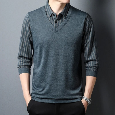 Pulover bărbați de primăvară și toamnă, guler, buton, carouri, panou, culoare contrastantă, tricou cu mânecă lungă, fund polo, topuri formale la modă