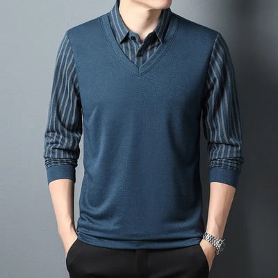 Pulover bărbați de primăvară și toamnă, guler, buton, carouri, panou, culoare contrastantă, tricou cu mânecă lungă, fund polo, topuri formale la modă