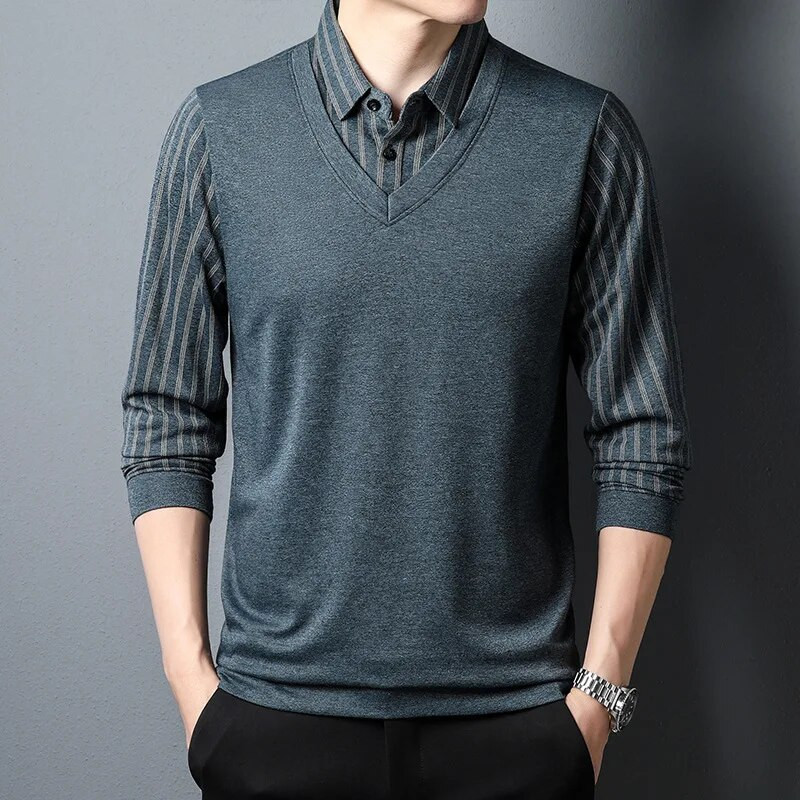 Pavasario ir rudens vyrų megztinis apykaklės mygtukas Pledas skydelis Kontrastingos spalvos ilgomis rankovėmis marškinėliai Polo Bottom Madingi oficialūs viršutiniai drabužiai