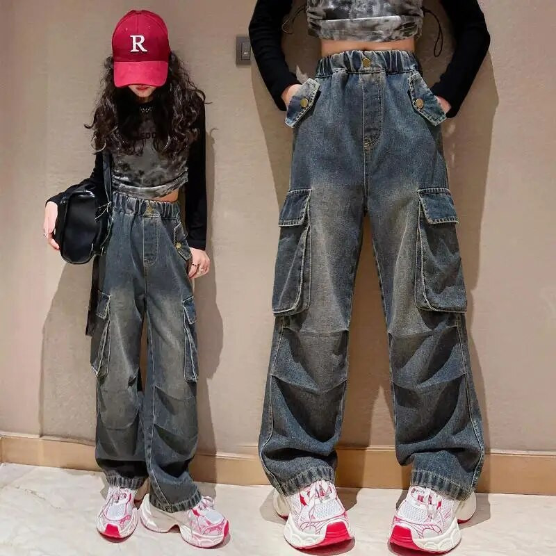 2023 primăvară toamnă blugi fete tinere pantaloni cargo cu picioare largi talie elastică largi Retro cauzal la modă coreeană 4-13 ani