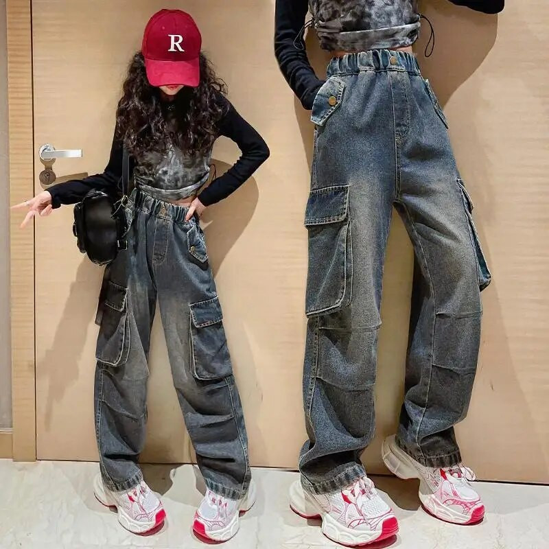 2023 primăvară toamnă blugi fete tinere pantaloni cargo cu picioare largi talie elastică largi Retro cauzal la modă coreeană 4-13 ani