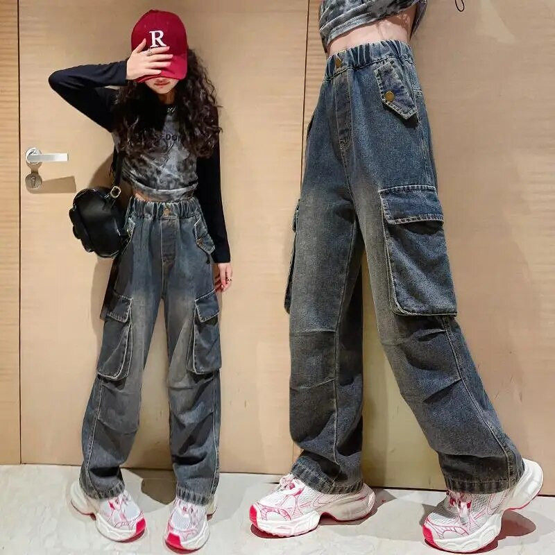 2023 primăvară toamnă blugi fete tinere pantaloni cargo cu picioare largi talie elastică largi Retro cauzal la modă coreeană 4-13 ani