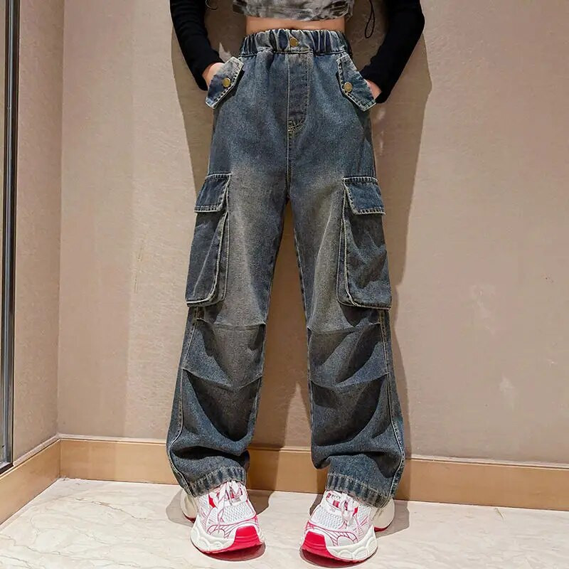 2023 primăvară toamnă blugi fete tinere pantaloni cargo cu picioare largi talie elastică largi Retro cauzal la modă coreeană 4-13 ani