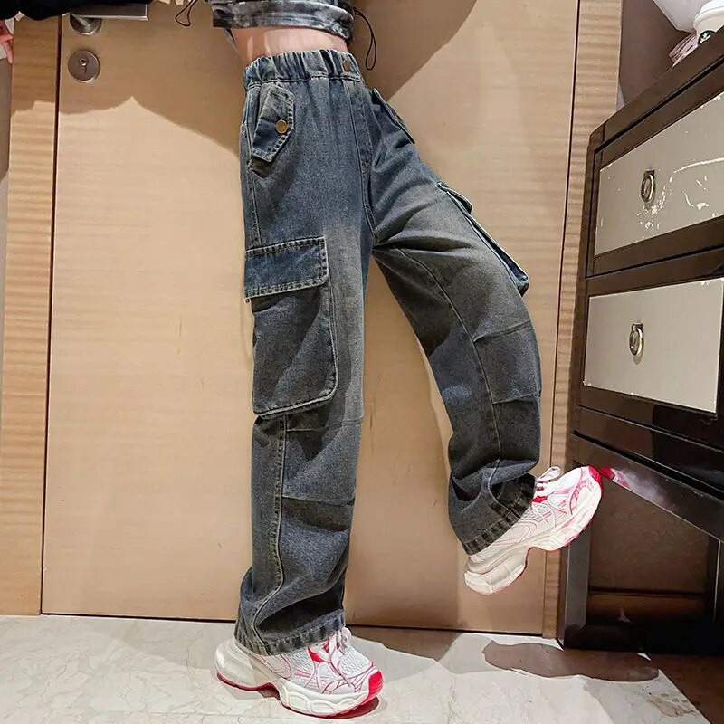 2023 primăvară toamnă blugi fete tinere pantaloni cargo cu picioare largi talie elastică largi Retro cauzal la modă coreeană 4-13 ani