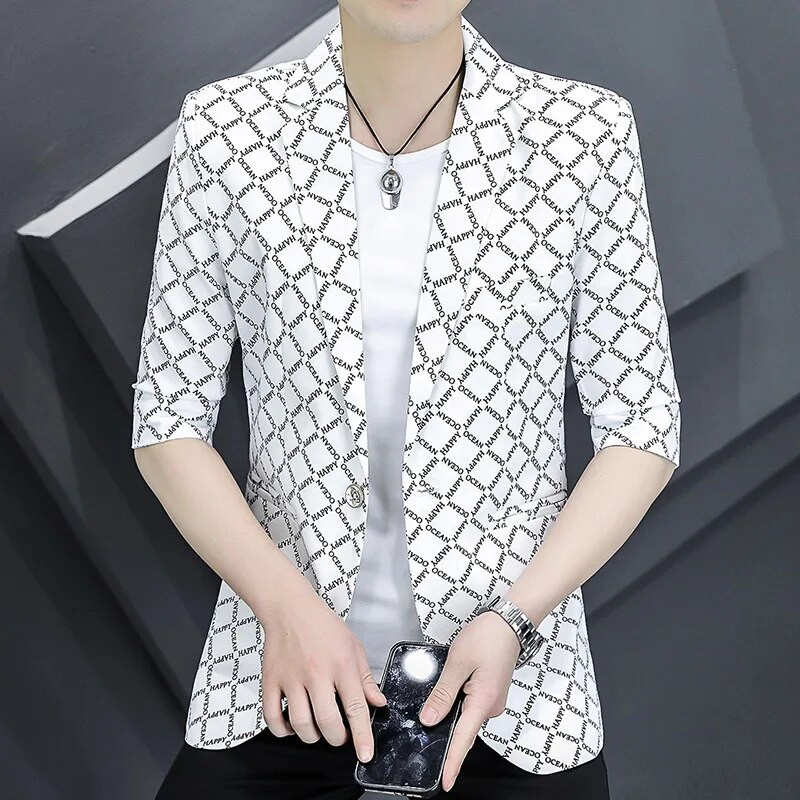 HOO 2023 m. naujas vyriškas raštais margintas kostiumo striukė Madingas plonas, gražus pusrankovių švarkas