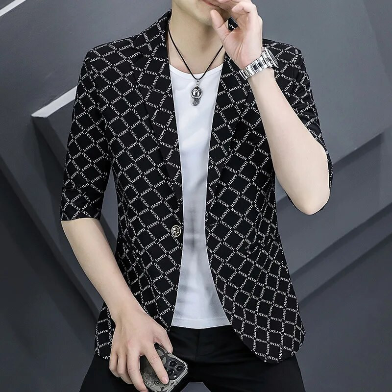 HOO 2023 m. naujas vyriškas raštais margintas kostiumo striukė Madingas plonas, gražus pusrankovių švarkas