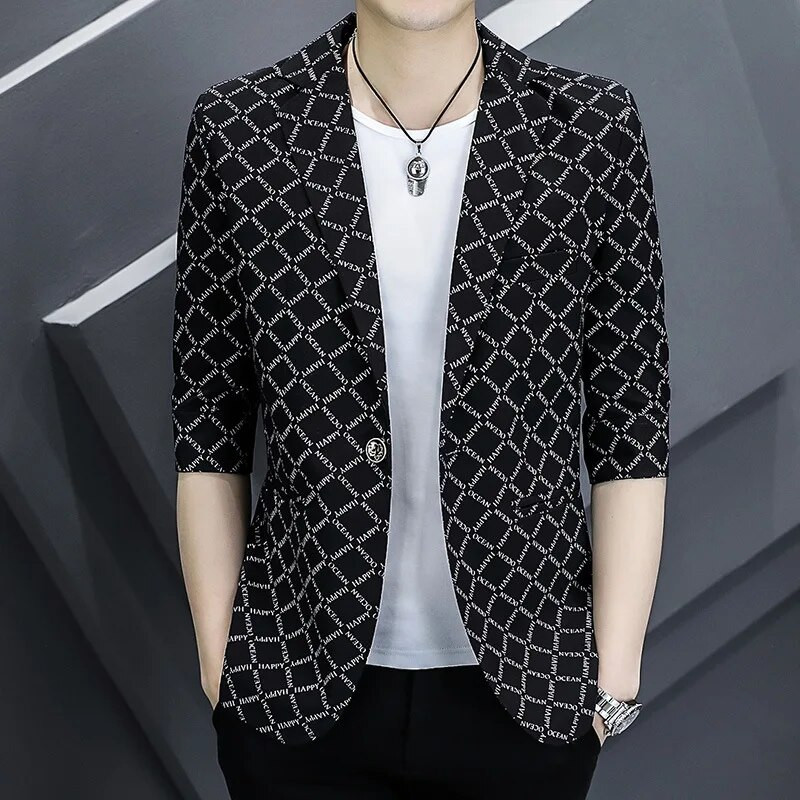 HOO 2023 m. naujas vyriškas raštais margintas kostiumo striukė Madingas plonas, gražus pusrankovių švarkas