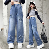 Primavara Toamna Adolescente Fete Blugi cu model stea Moda casual Copii Pantaloni largi Copii Scolari Pantaloni denim 8 10 12 14A