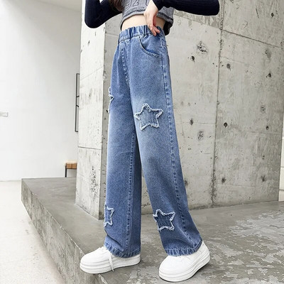 Primavara Toamna Adolescente Fete Blugi cu model stea Moda casual Copii Pantaloni largi Copii Scolari Pantaloni denim 8 10 12 14A