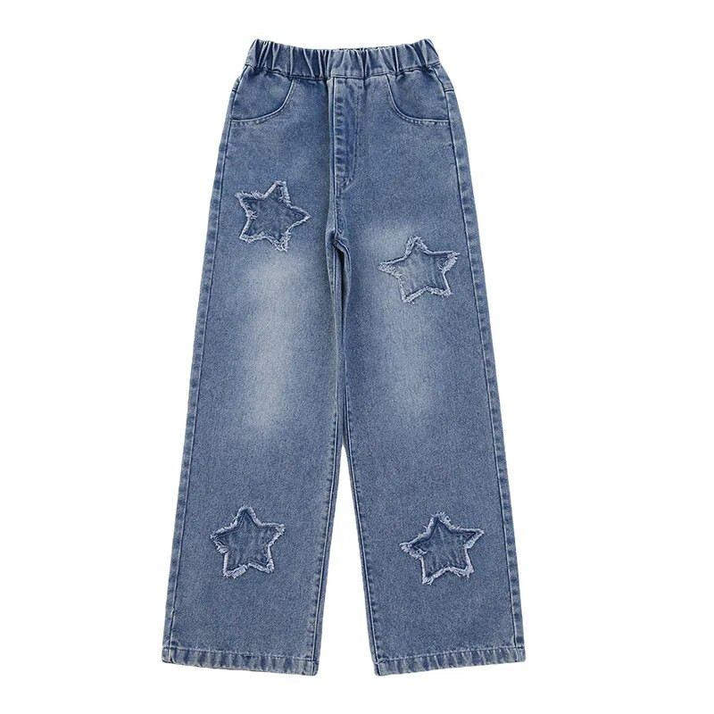 Primavara Toamna Adolescente Fete Blugi cu model stea Moda casual Copii Pantaloni largi Copii Scolari Pantaloni denim 8 10 12 14A