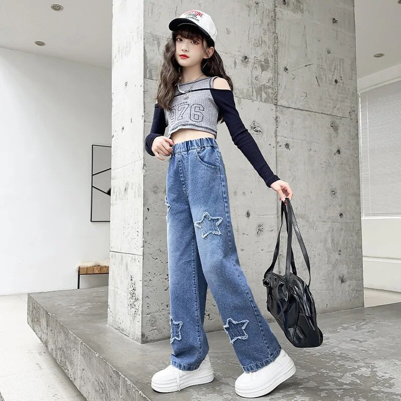 Primavara Toamna Adolescente Fete Blugi cu model stea Moda casual Copii Pantaloni largi Copii Scolari Pantaloni denim 8 10 12 14A