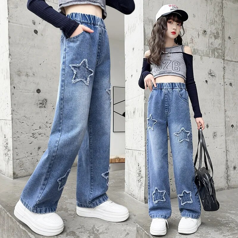 Primavara Toamna Adolescente Fete Blugi cu model stea Moda casual Copii Pantaloni largi Copii Scolari Pantaloni denim 8 10 12 14A