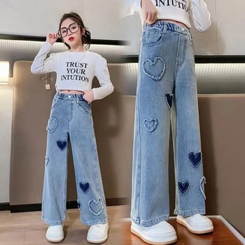 Νέο casual στυλ τζιν για κορίτσια Εφηβικά ρούχα Ελαστικό ψηλόμεσο τζιν παντελόνι φαρδύ πόδι Ανοιξιάτικο Big Kids ίσιο παντελόνι
