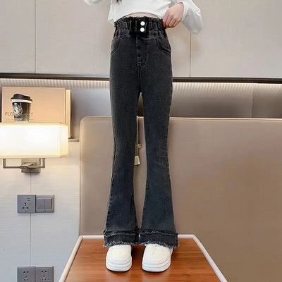 Nové ležérne džínsy pre dievčatá, dospievajúce oblečenie, elastické džínsy s vysokým pásom, široké nohavice, jarné rovné nohavice pre veľké deti