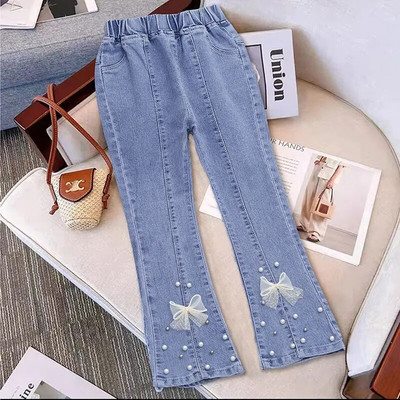 Nové ležérne džínsy pre dievčatá, dospievajúce oblečenie, elastické džínsy s vysokým pásom, široké nohavice, jarné rovné nohavice pre veľké deti