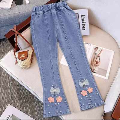 Nové ležérne džínsy pre dievčatá, dospievajúce oblečenie, elastické džínsy s vysokým pásom, široké nohavice, jarné rovné nohavice pre veľké deti