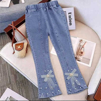 Nové ležérne džínsy pre dievčatá, dospievajúce oblečenie, elastické džínsy s vysokým pásom, široké nohavice, jarné rovné nohavice pre veľké deti