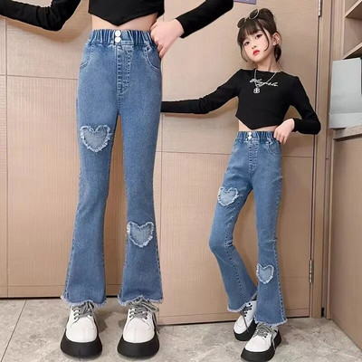 Nové ležérne džínsy pre dievčatá, dospievajúce oblečenie, elastické džínsy s vysokým pásom, široké nohavice, jarné rovné nohavice pre veľké deti