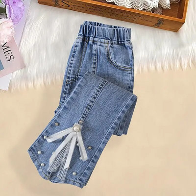 Nové ležérne džínsy pre dievčatá, dospievajúce oblečenie, elastické džínsy s vysokým pásom, široké nohavice, jarné rovné nohavice pre veľké deti