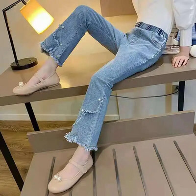 Nové ležérne džínsy pre dievčatá, dospievajúce oblečenie, elastické džínsy s vysokým pásom, široké nohavice, jarné rovné nohavice pre veľké deti