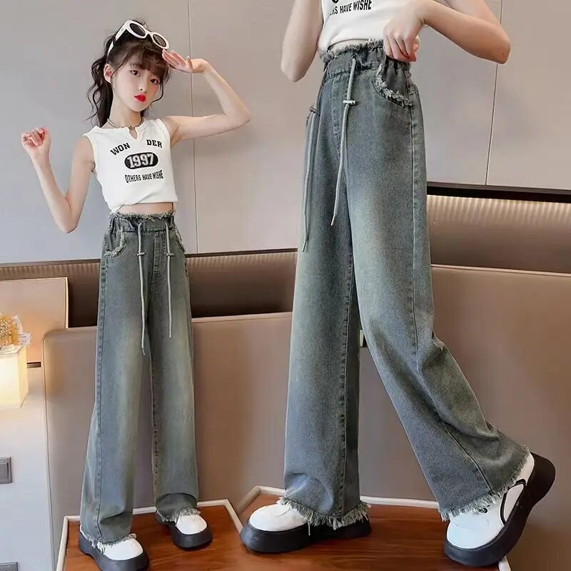 Nové ležérne džínsy pre dievčatá, dospievajúce oblečenie, elastické džínsy s vysokým pásom, široké nohavice, jarné rovné nohavice pre veľké deti