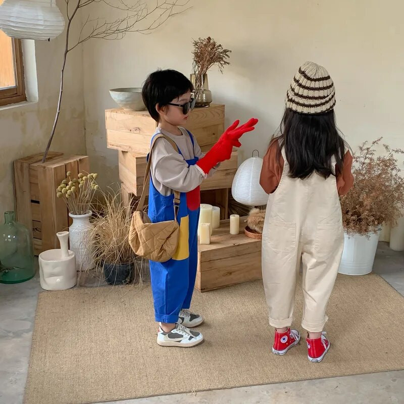 2730C Pantaloni pentru copii 2022 Toamna contrastant cu patchwork Pantaloni cu bretele pentru baieti Pantaloni cu bretele cu buzunar mare Pantaloni cu bretele pentru fete