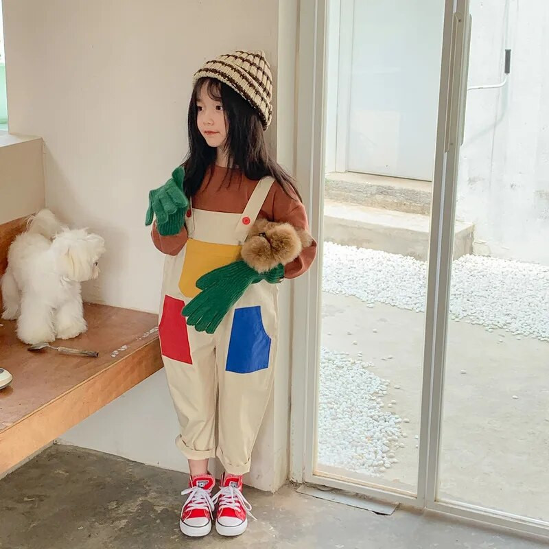 2730C Pantaloni pentru copii 2022 Toamna contrastant cu patchwork Pantaloni cu bretele pentru baieti Pantaloni cu bretele cu buzunar mare Pantaloni cu bretele pentru fete