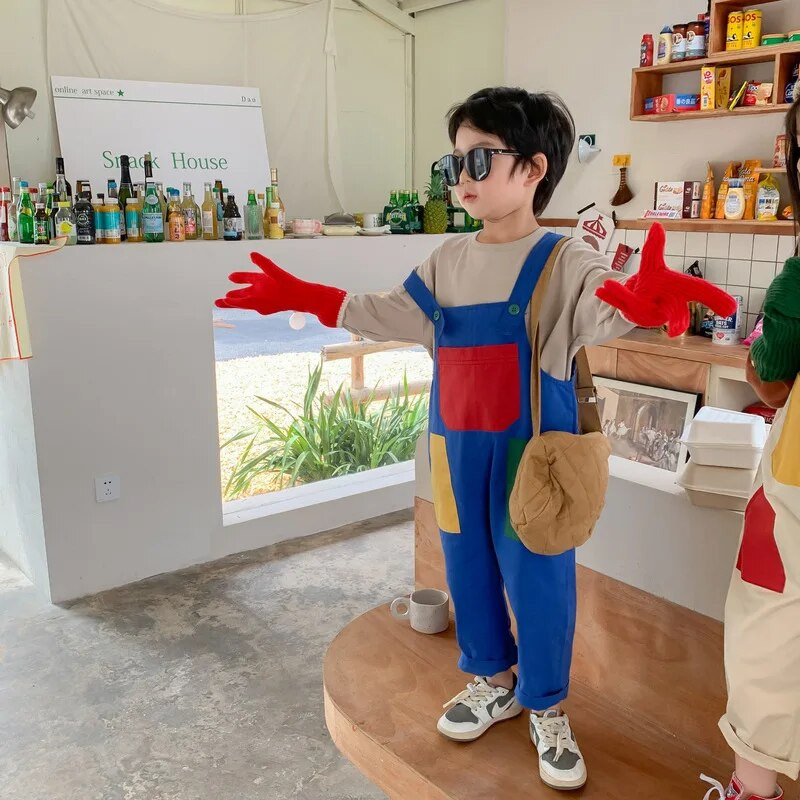 2730C Pantaloni pentru copii 2022 Toamna contrastant cu patchwork Pantaloni cu bretele pentru baieti Pantaloni cu bretele cu buzunar mare Pantaloni cu bretele pentru fete