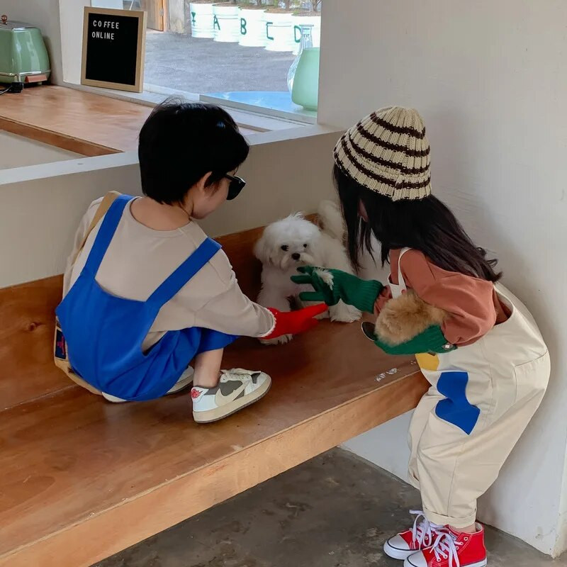 2730C Pantaloni pentru copii 2022 Toamna contrastant cu patchwork Pantaloni cu bretele pentru baieti Pantaloni cu bretele cu buzunar mare Pantaloni cu bretele pentru fete