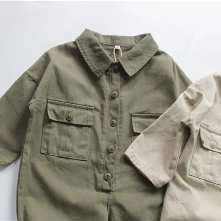 Jesenné nové kórejské unisex detské overaly s dlhým rukávom, jednofarebné vrecká, batoľatá, detské overaly