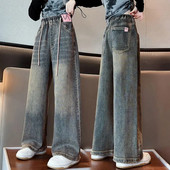Blugi fete toamna 2023 largi școală adolescenți pantaloni drepti din denim pentru copii casual cu talie elastică pantaloni copii 12 13 14 ani