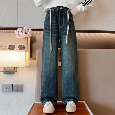 Blugi fete toamna 2023 largi școală adolescenți pantaloni drepti din denim pentru copii casual cu talie elastică pantaloni copii 12 13 14 ani