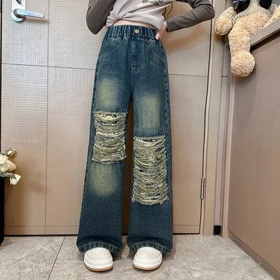 Blugi fete toamna 2023 largi școală adolescenți pantaloni drepti din denim pentru copii casual cu talie elastică pantaloni copii 12 13 14 ani