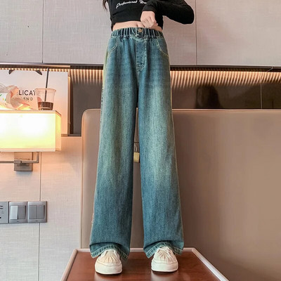 Blugi fete toamna 2023 largi școală adolescenți pantaloni drepti din denim pentru copii casual cu talie elastică pantaloni copii 12 13 14 ani