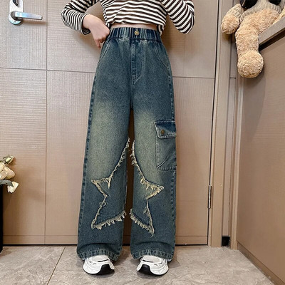 Blugi fete toamna 2023 largi școală adolescenți pantaloni drepti din denim pentru copii casual cu talie elastică pantaloni copii 12 13 14 ani