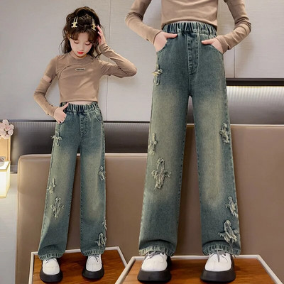 Blugi fete toamna 2023 largi școală adolescenți pantaloni drepti din denim pentru copii casual cu talie elastică pantaloni copii 12 13 14 ani