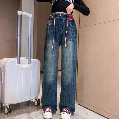 Blugi fete toamna 2023 largi școală adolescenți pantaloni drepti din denim pentru copii casual cu talie elastică pantaloni copii 12 13 14 ani