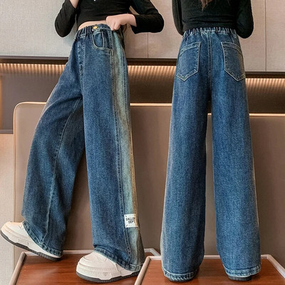 Blugi fete toamna 2023 largi școală adolescenți pantaloni drepti din denim pentru copii casual cu talie elastică pantaloni copii 12 13 14 ani