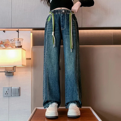 Blugi fete toamna 2023 largi școală adolescenți pantaloni drepti din denim pentru copii casual cu talie elastică pantaloni copii 12 13 14 ani