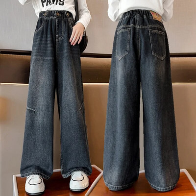 Blugi fete toamna 2023 largi școală adolescenți pantaloni drepti din denim pentru copii casual cu talie elastică pantaloni copii 12 13 14 ani