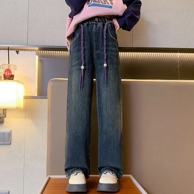 Blugi fete toamna 2023 largi școală adolescenți pantaloni drepti din denim pentru copii casual cu talie elastică pantaloni copii 12 13 14 ani